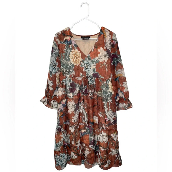 Hemant & Nandita Zeri Dress Size 4 Floral Boho Peasant Rust Orange Anthropologie - Picture 3 of 8